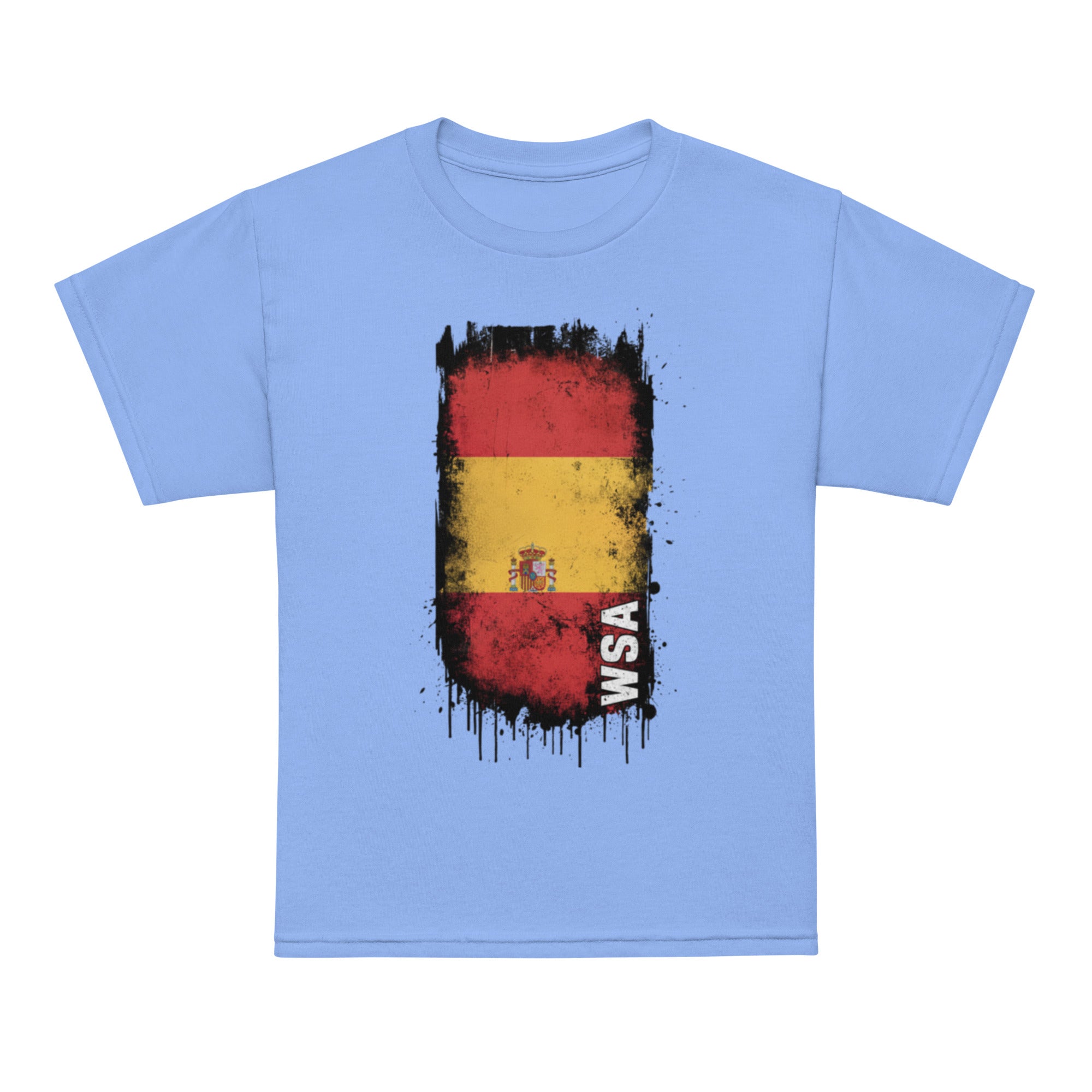 Light blue t-shirt with a colorful flag design and 'WSA' text on a white background