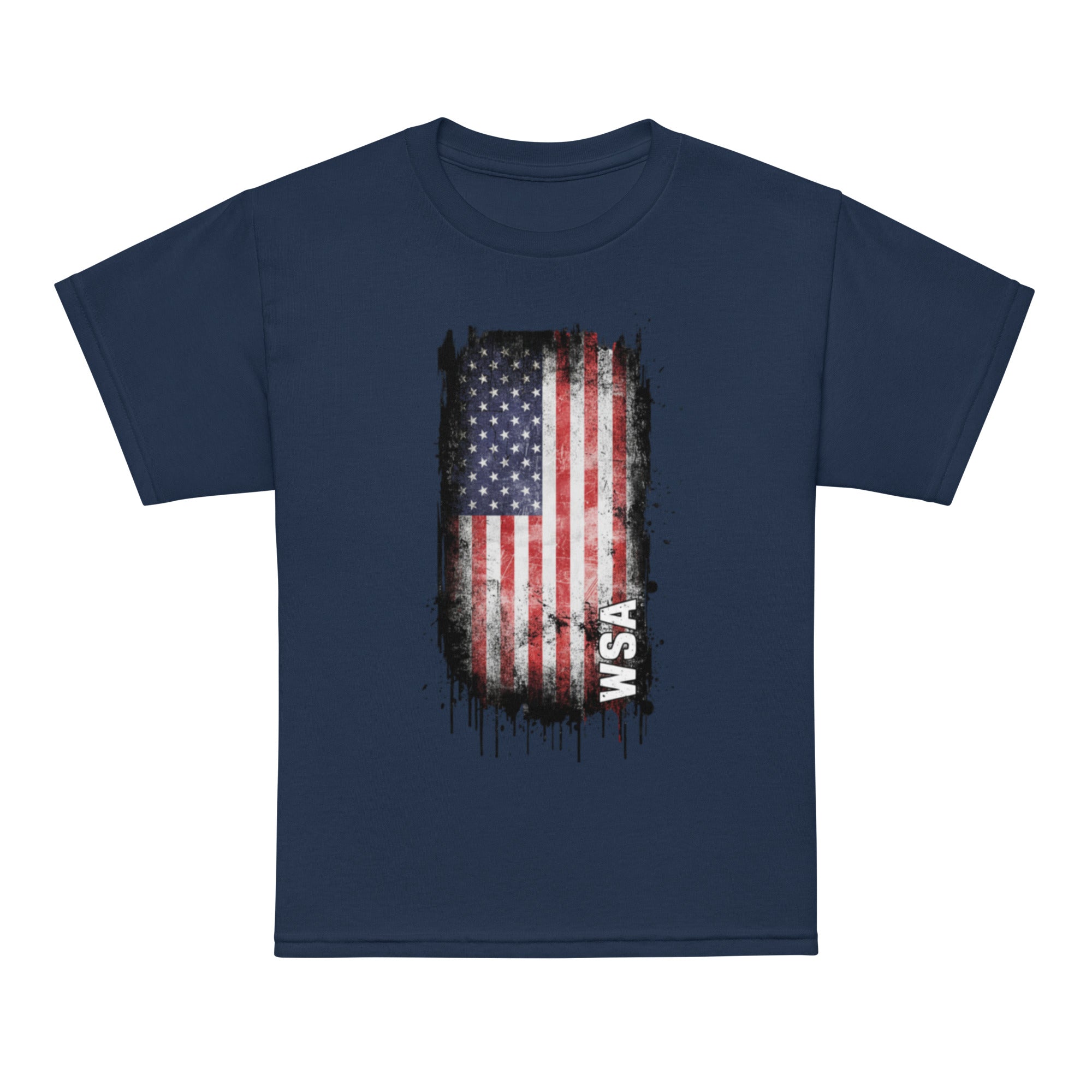 Navy blue t-shirt with American flag graphic and 'WSA' text on a white background