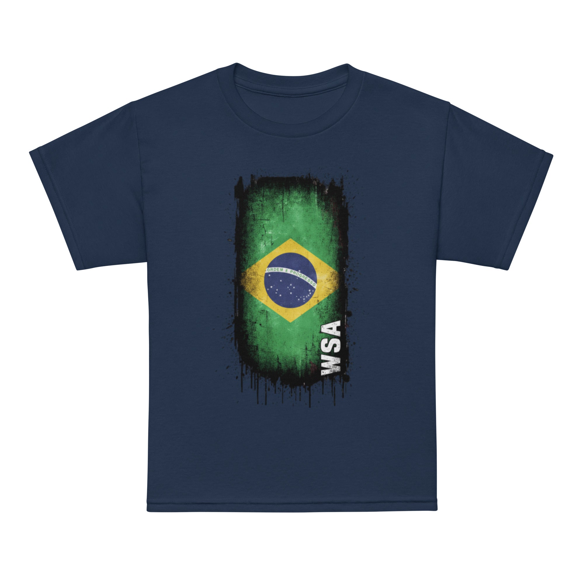 Navy blue t-shirt with Brazilian flag design and 'WSA' text on a white background