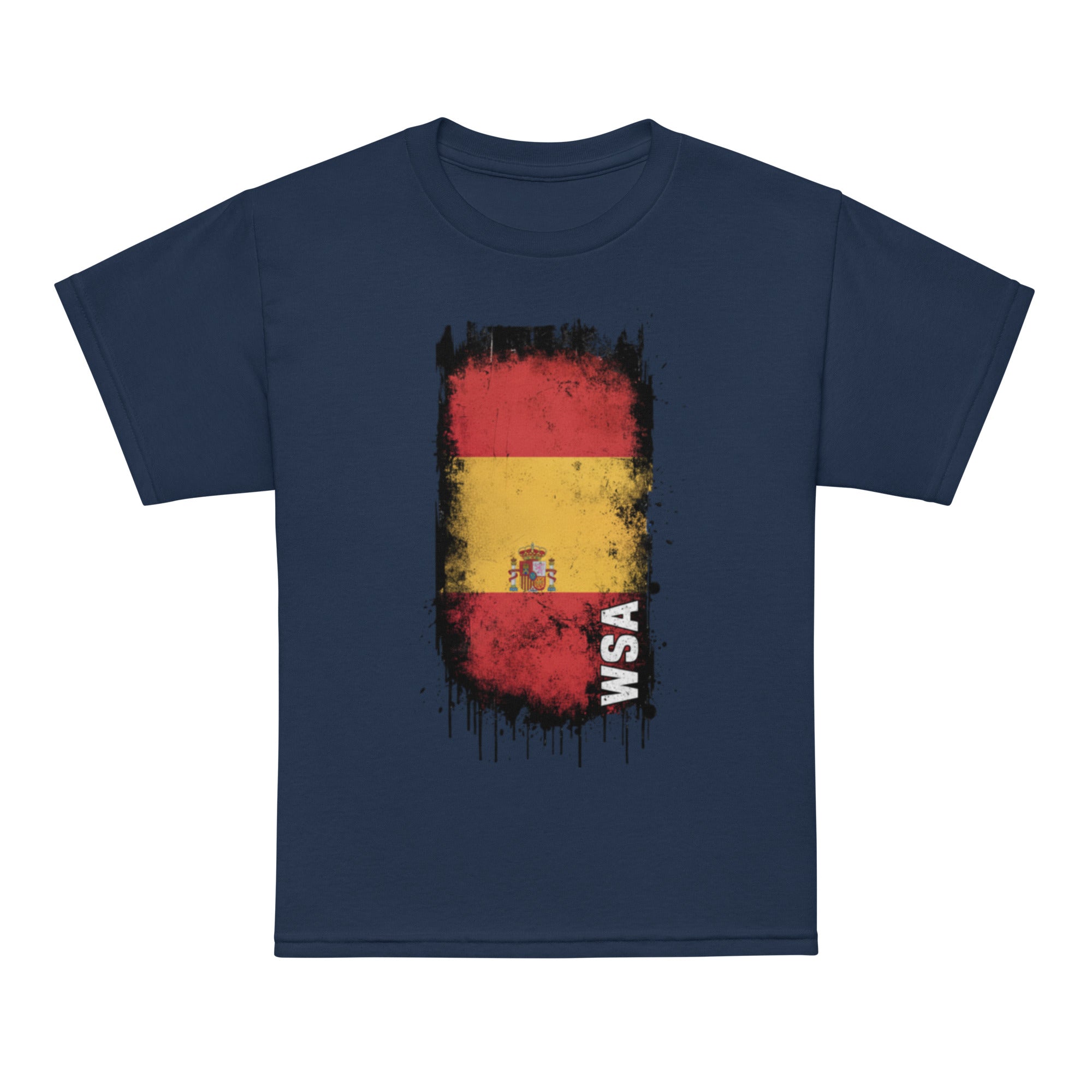 Navy blue t-shirt with a red, yellow, and black flag design and 'WSA' text on a white background