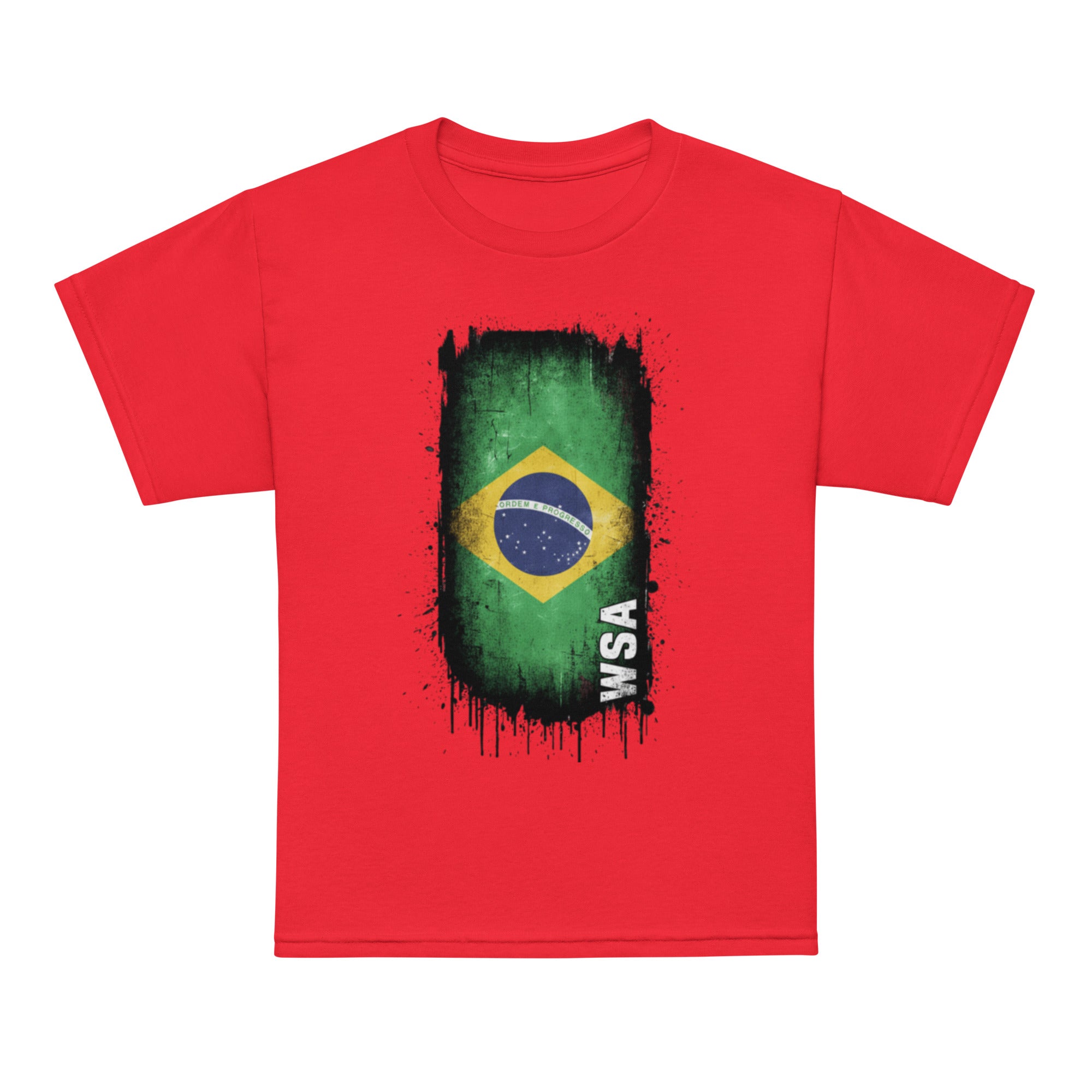 Red t-shirt with a Brazilian flag design and 'WSA' text on a white background