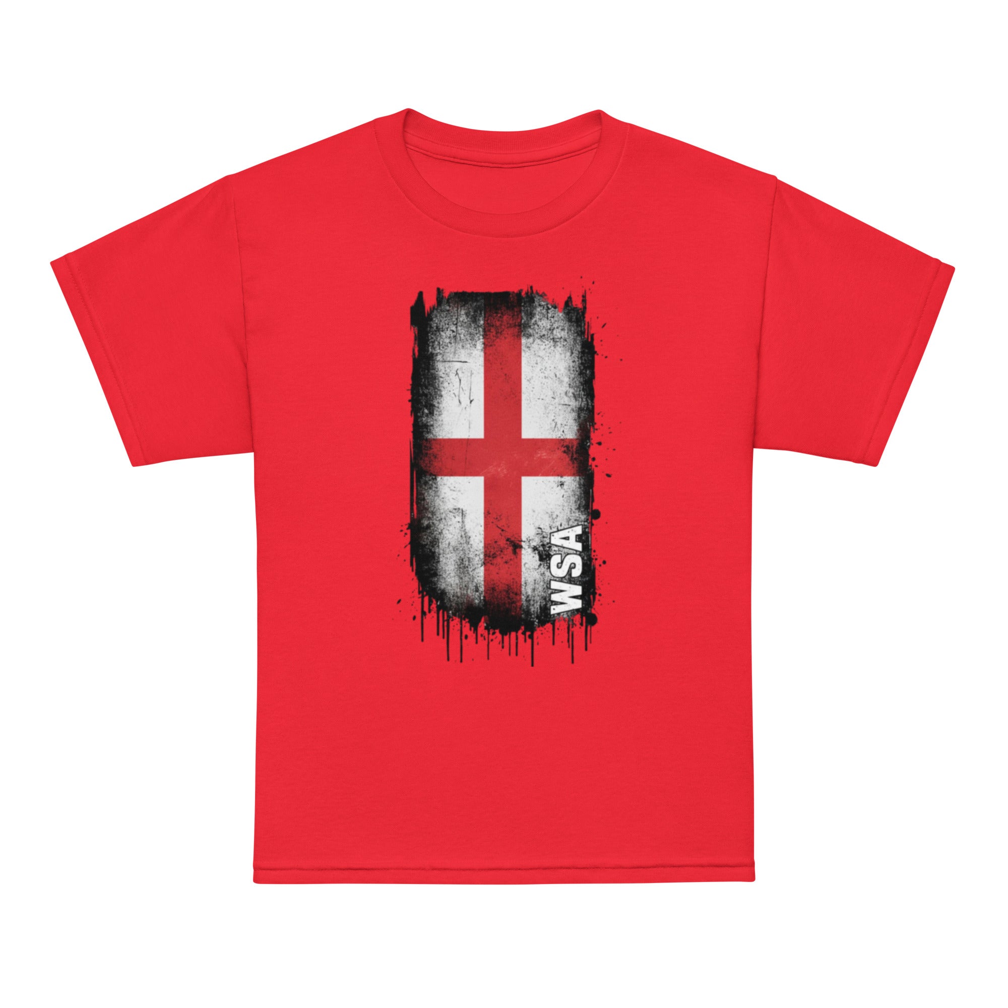 Red t-shirt with a graphic design on a white background