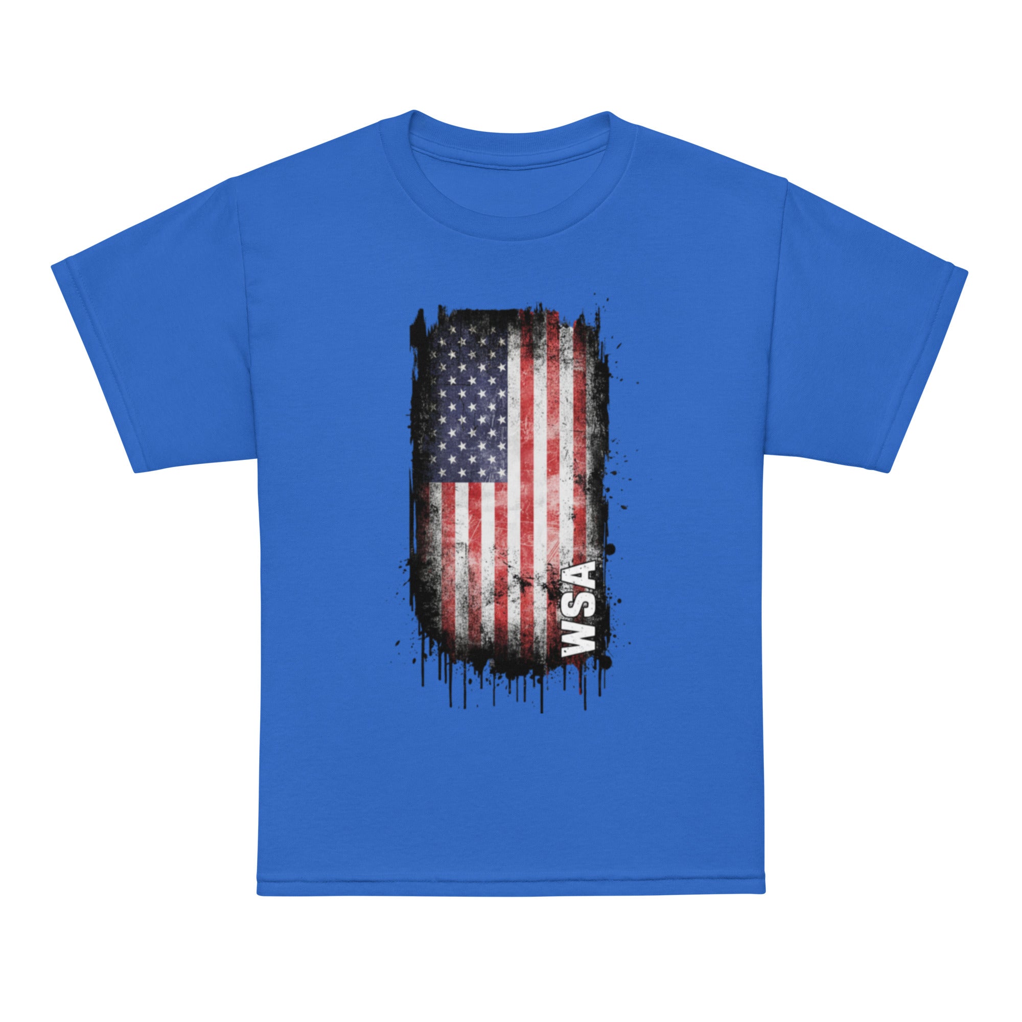 Blue t-shirt with American flag graphic and 'WSA' text on a white background