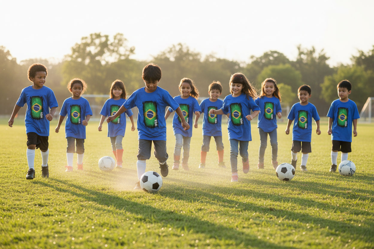 Blue t-shirt with Brazilian flag design and 'WSA' text on a white background