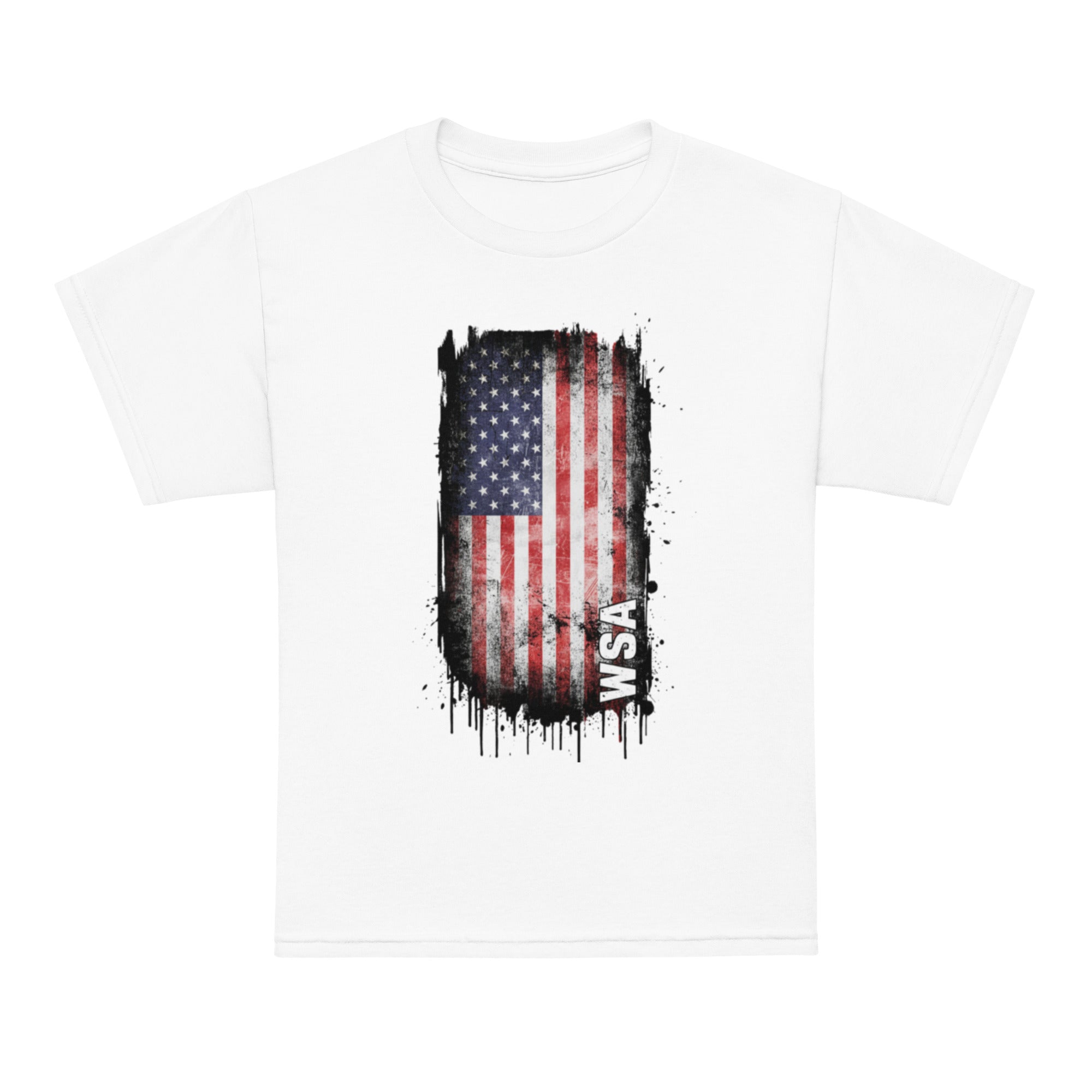 White t-shirt with American flag design and 'WSA' text on a white background
