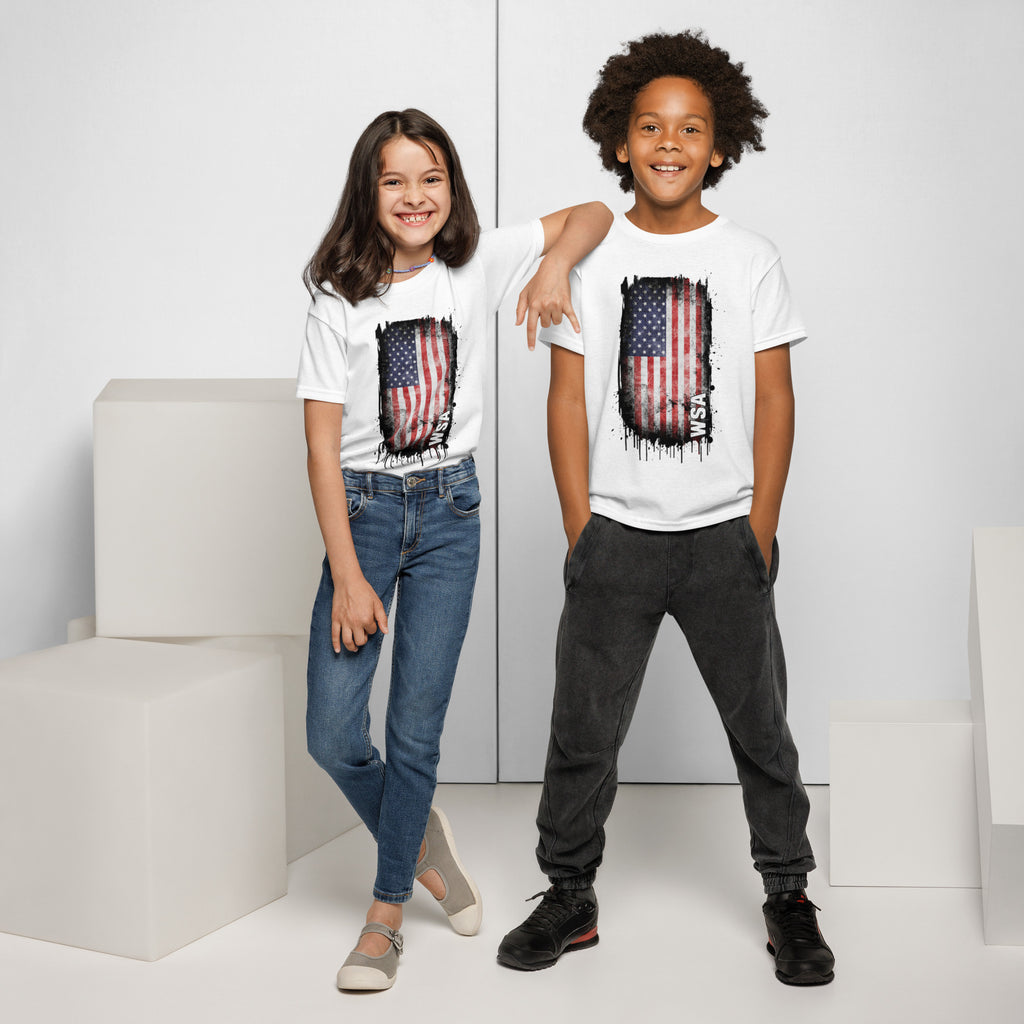 Two children wearing white t-shirts with American flag designs on a white background