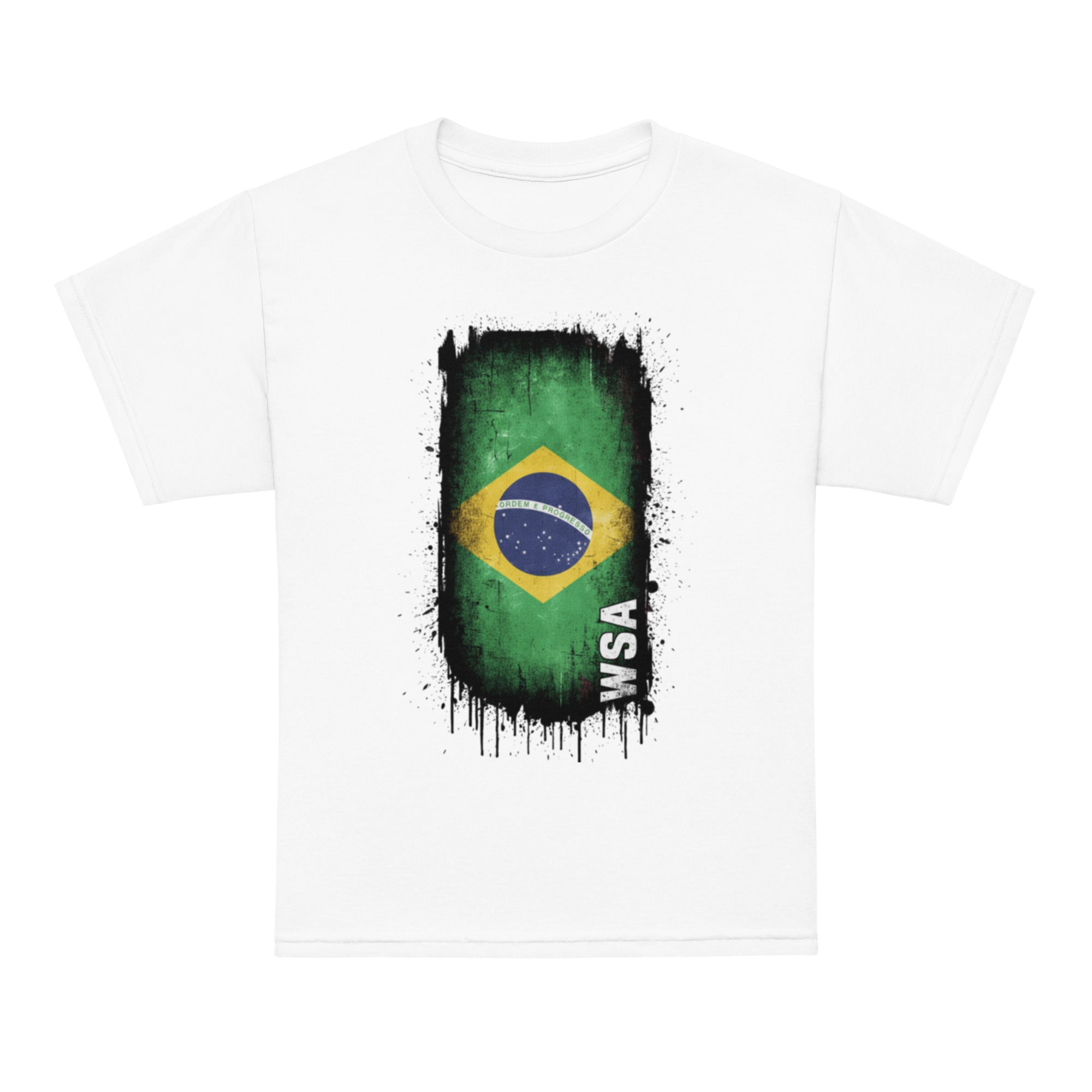 White t-shirt with Brazilian flag design and 'WSA' text on a white background